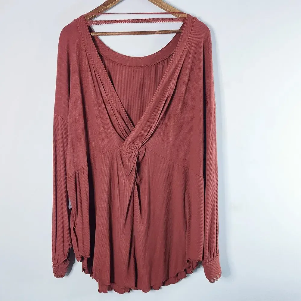 Free People Womens Rust Shimmy Shake V Back Blouse Size Large Oversized Boho NEW